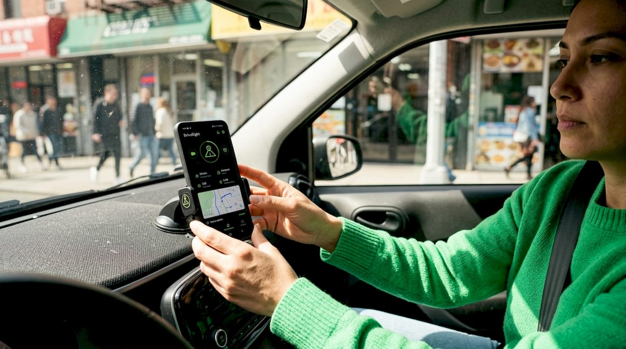 Hands holding smartphone comparing dashcam app features