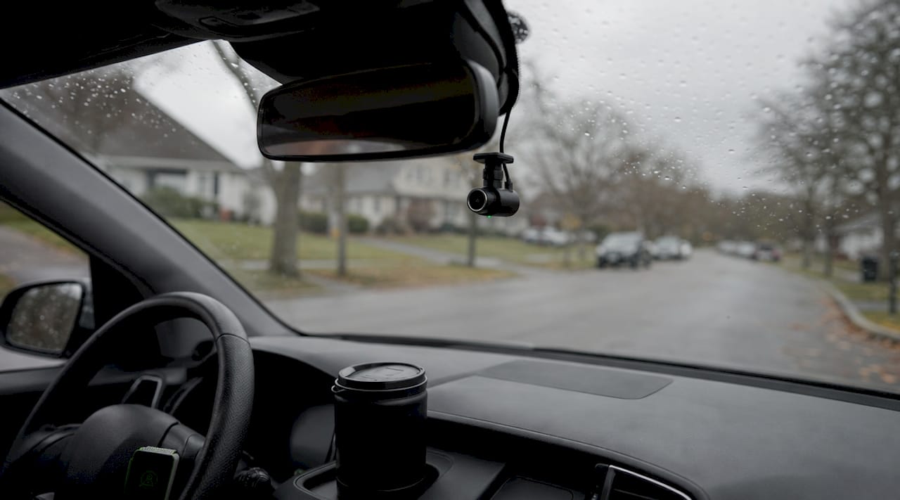 Close-up of Garmin Mini 2 dashcam inside car