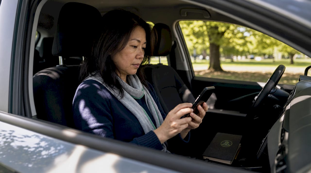 Driver reviewing SOS dashcam app inside car