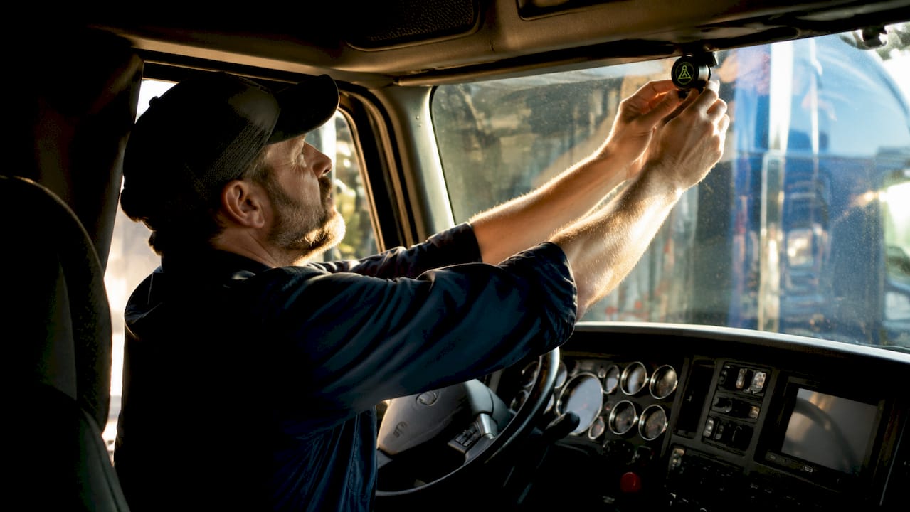 Close-up adhesive dashcam mount installation in truck