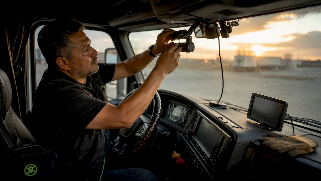 Truck driver installing dashcam in long-haul cab