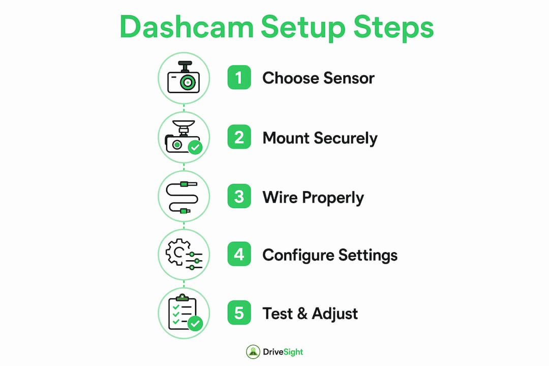 Infographic showing dashcam setup key steps