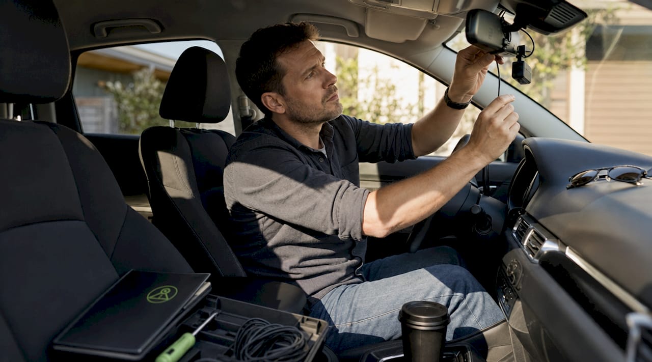 Man installing dashcam inside car