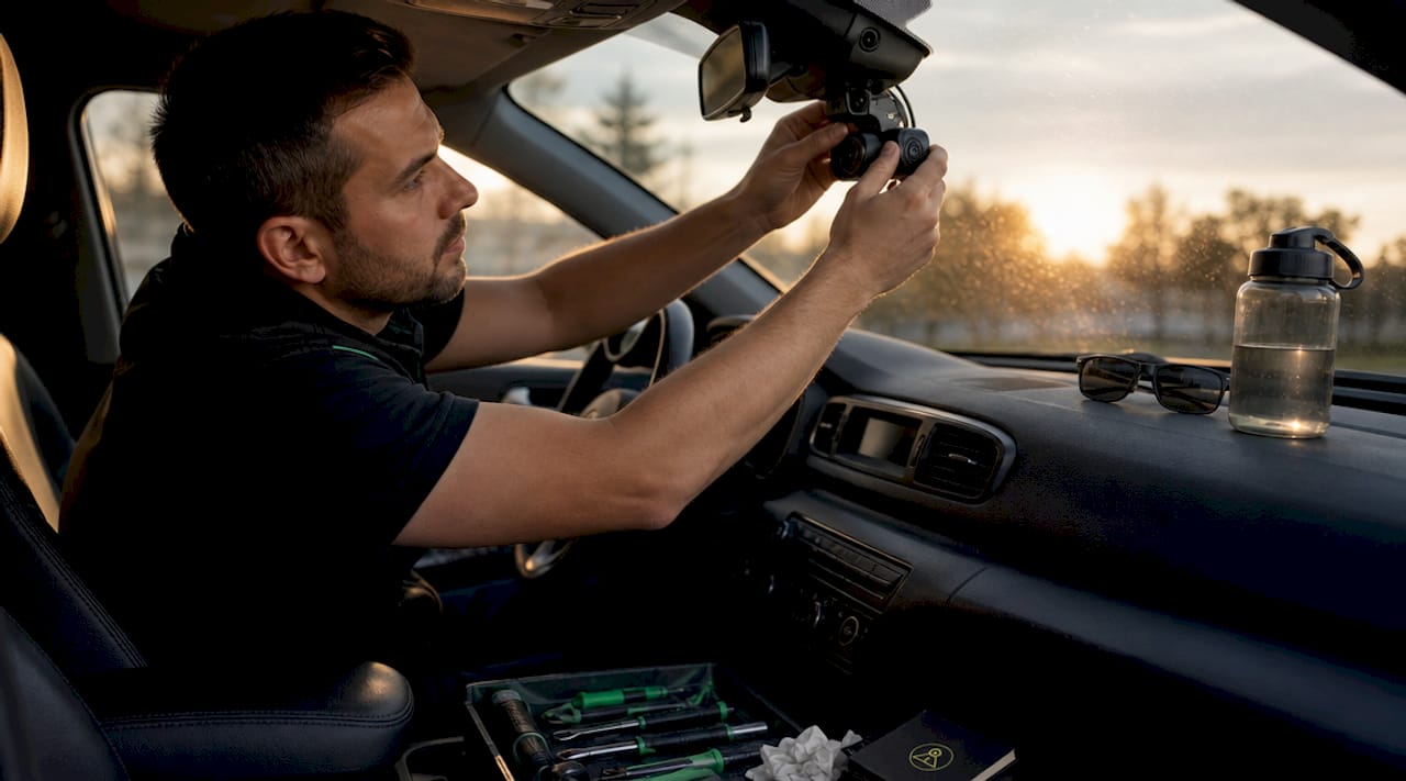 Technician installing dashcam inside car windshield