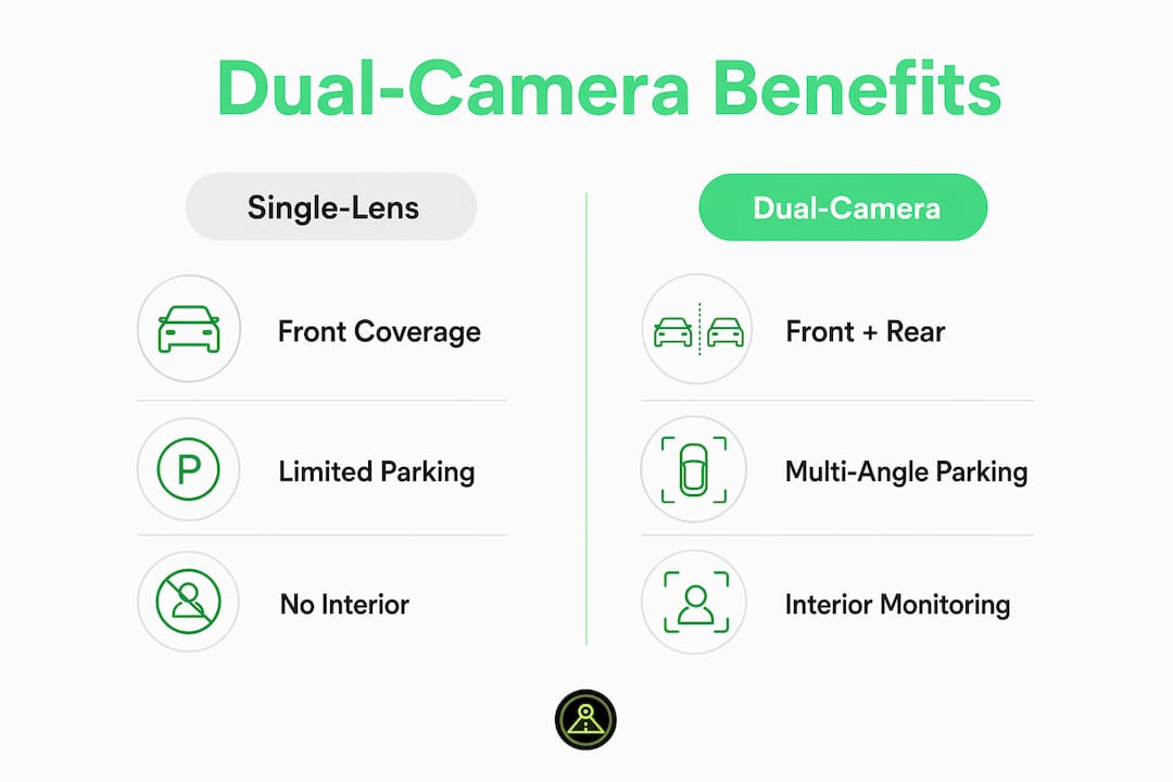 Infographic comparing single-lens and dual-camera dashcam benefits