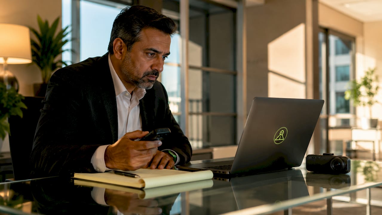 Man reviewing dashcam footage at desk