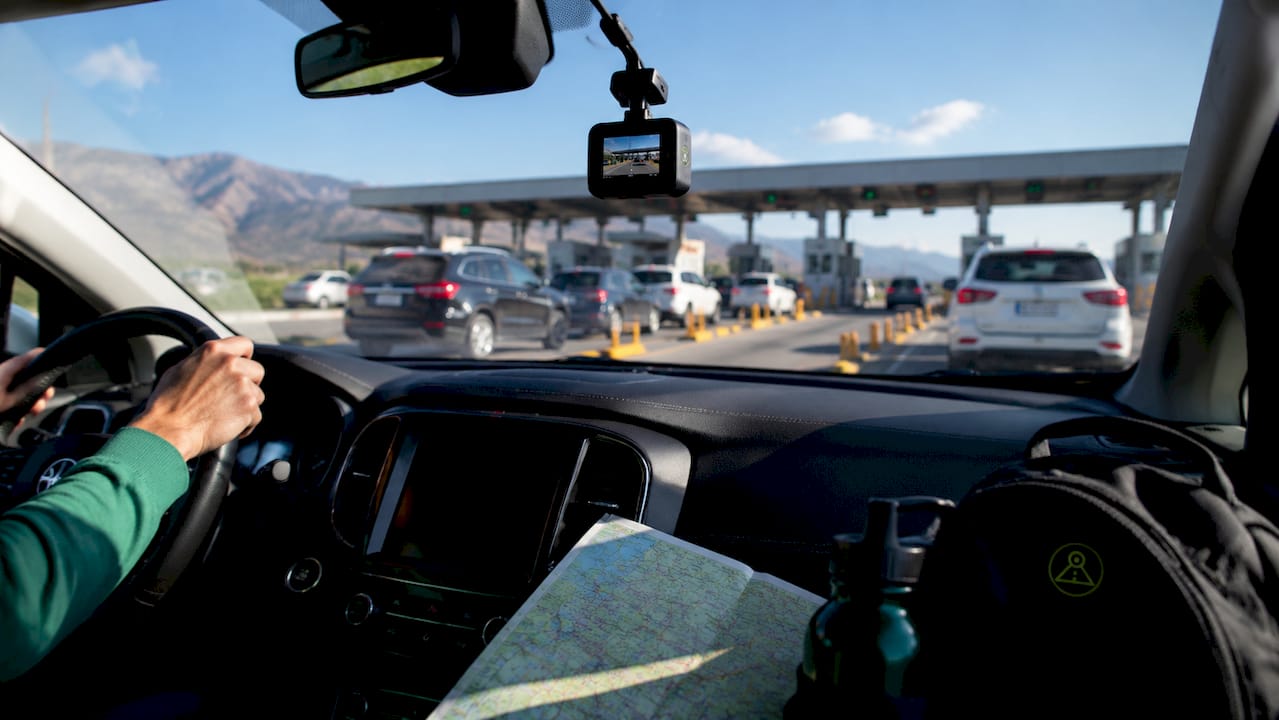 Dashcam mounted inside car recording border crossing