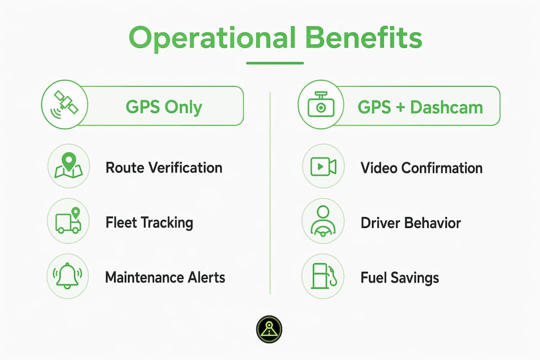Infographic comparing GPS only vs GPS plus dashcam benefits