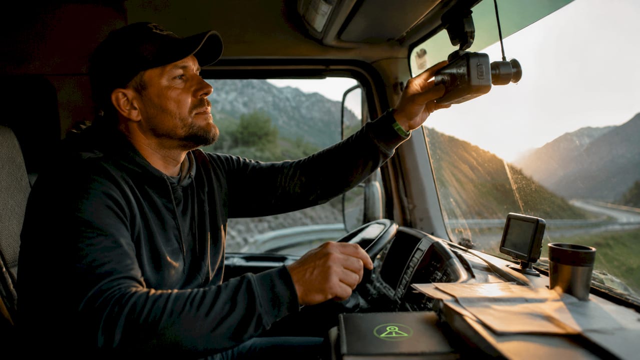 Truck driver adjusting GPS dashcam inside cab
