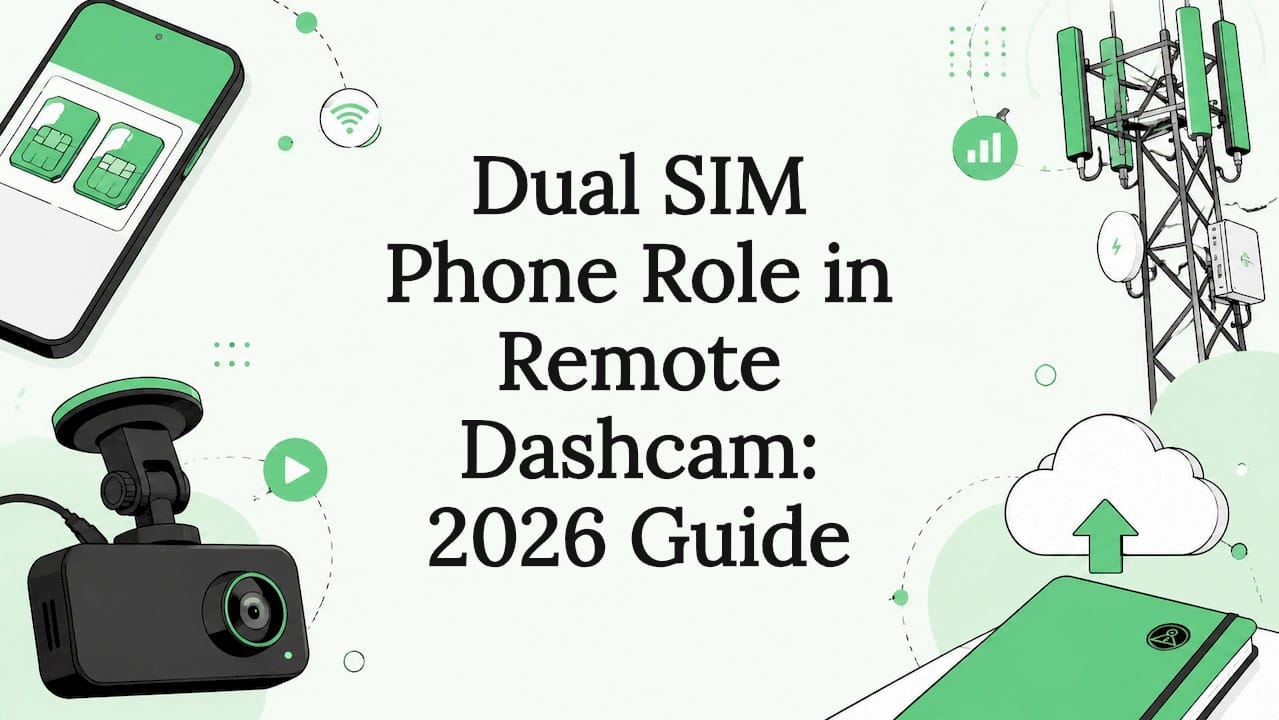 Decorative title card with dual SIM phone and dashcam icons