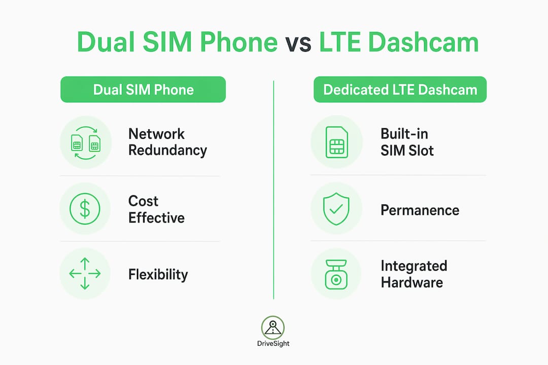 Infographic comparing dual SIM phones and dedicated LTE dashcams