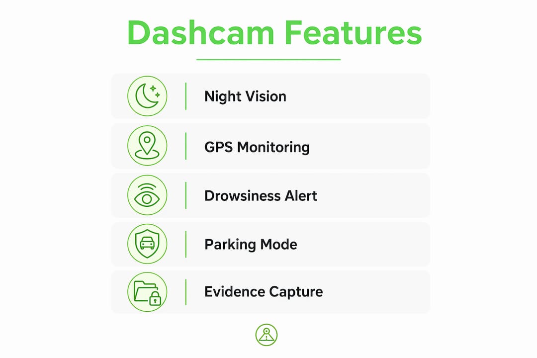 Infographic highlighting key dashcam features for solo trips