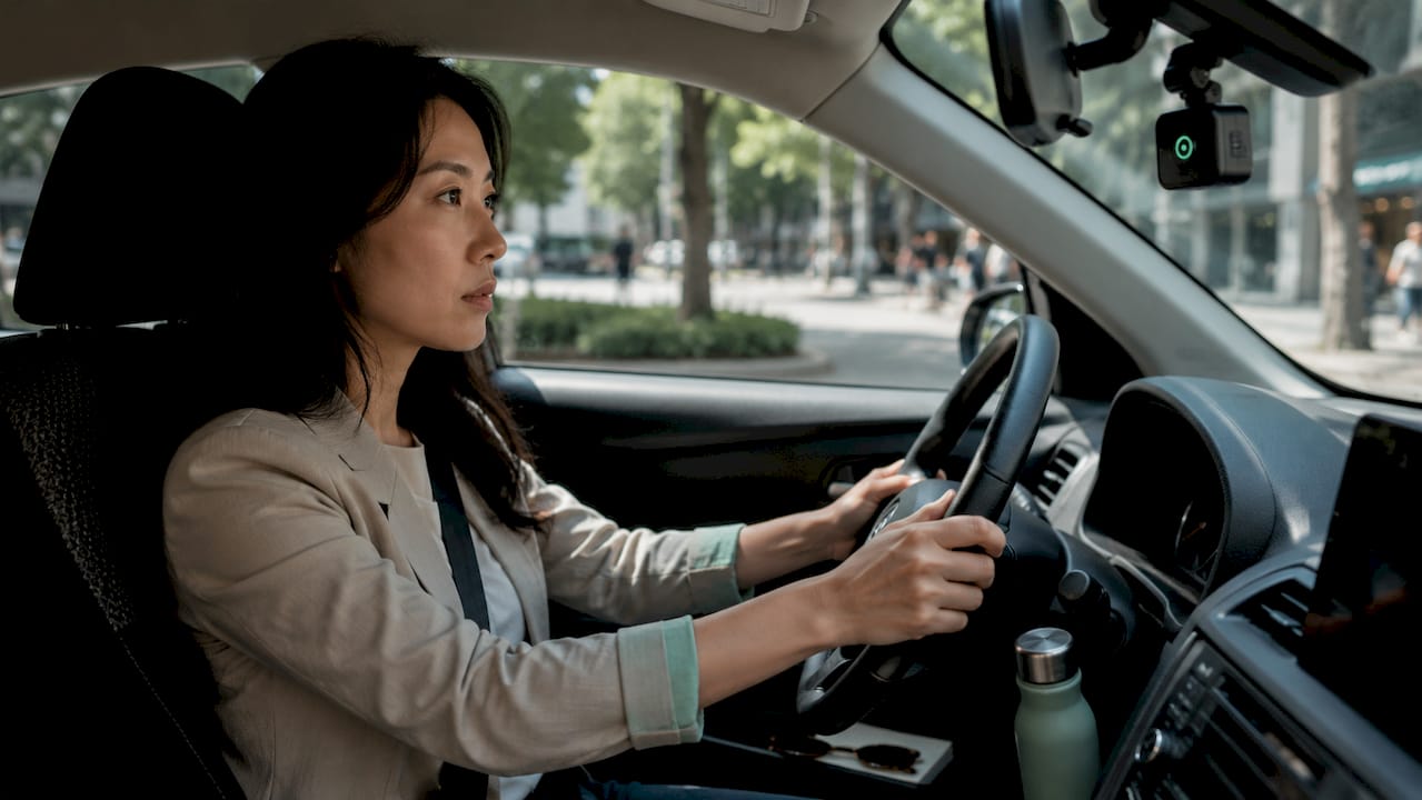 Driver in car with AI dashcam alert active