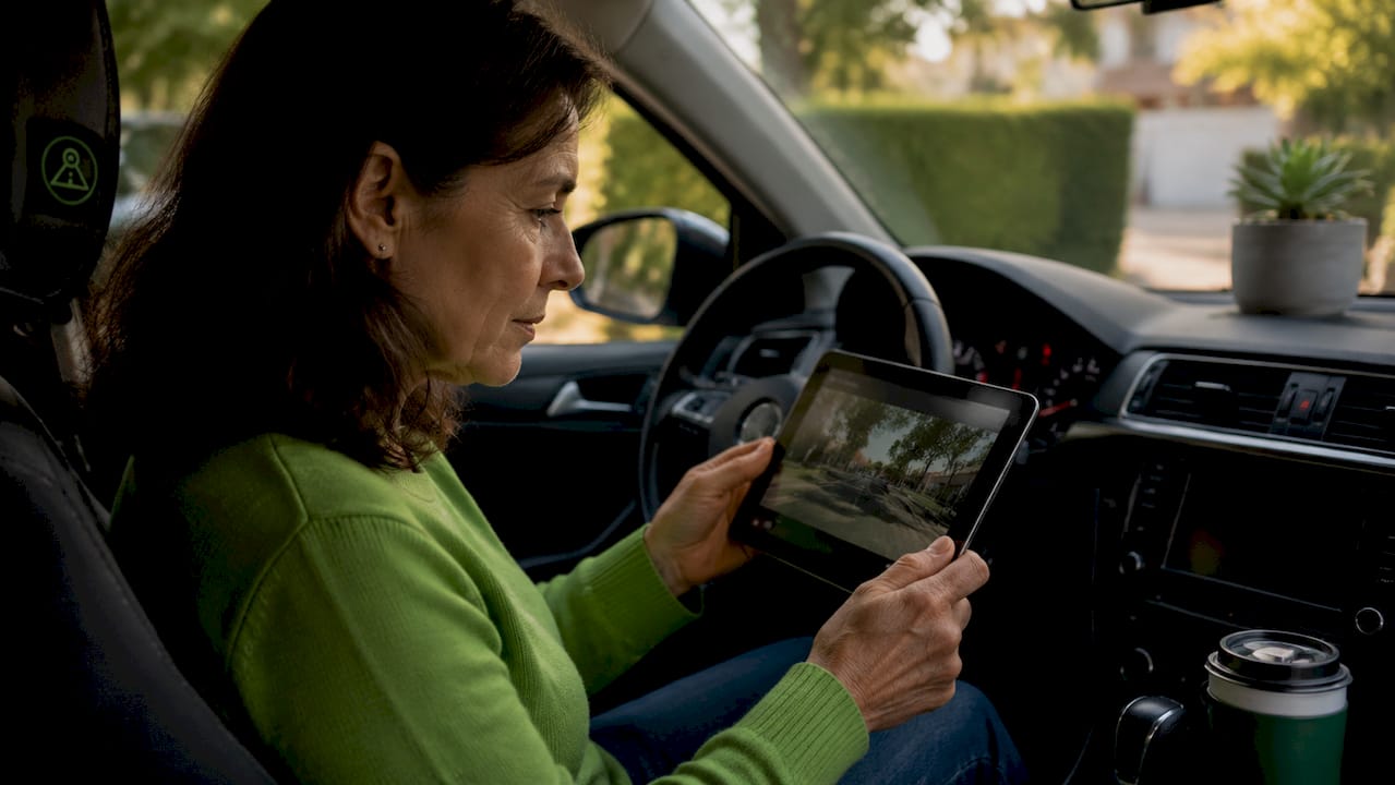 Driver reviewing dashcam footage on tablet in parked car