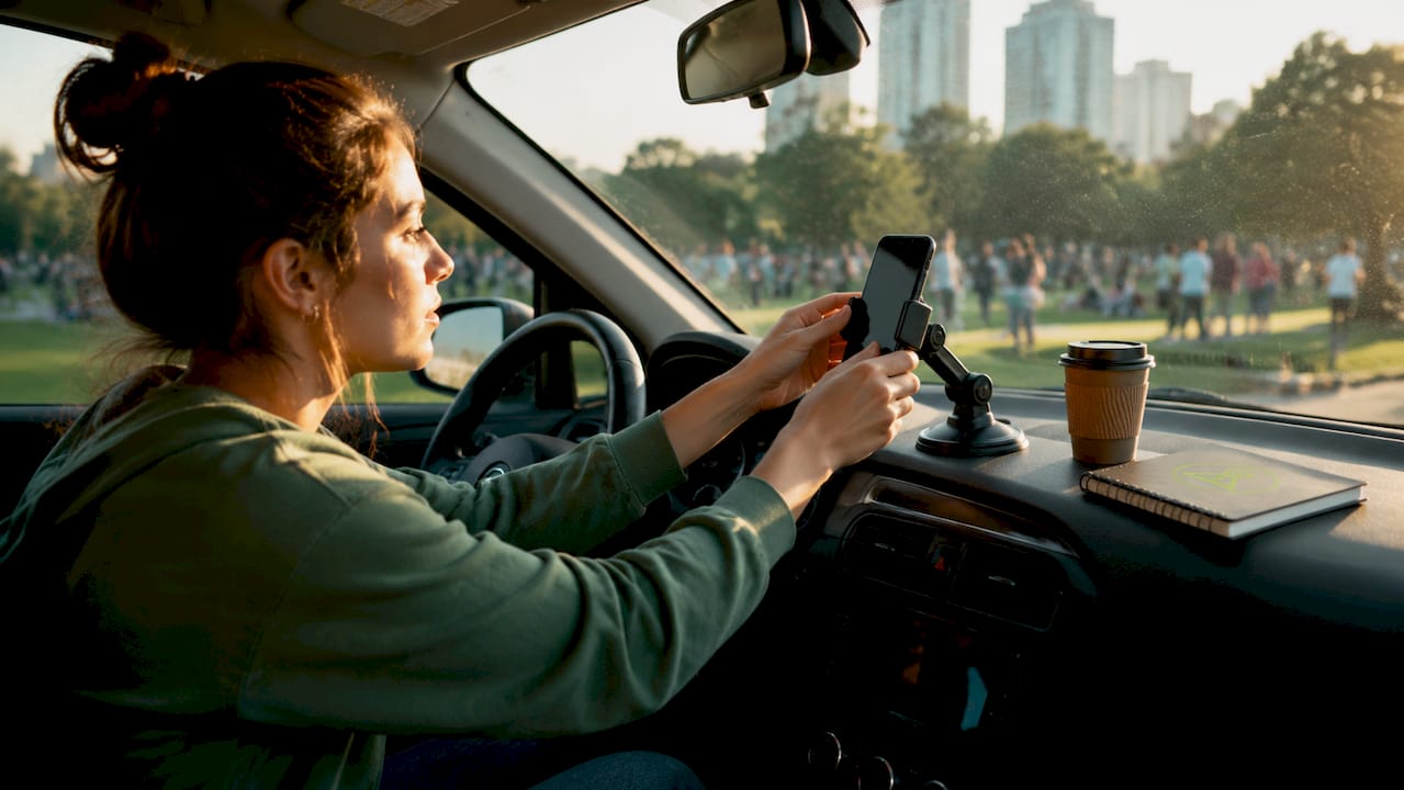 Man mounting smartphone in car for surveillance