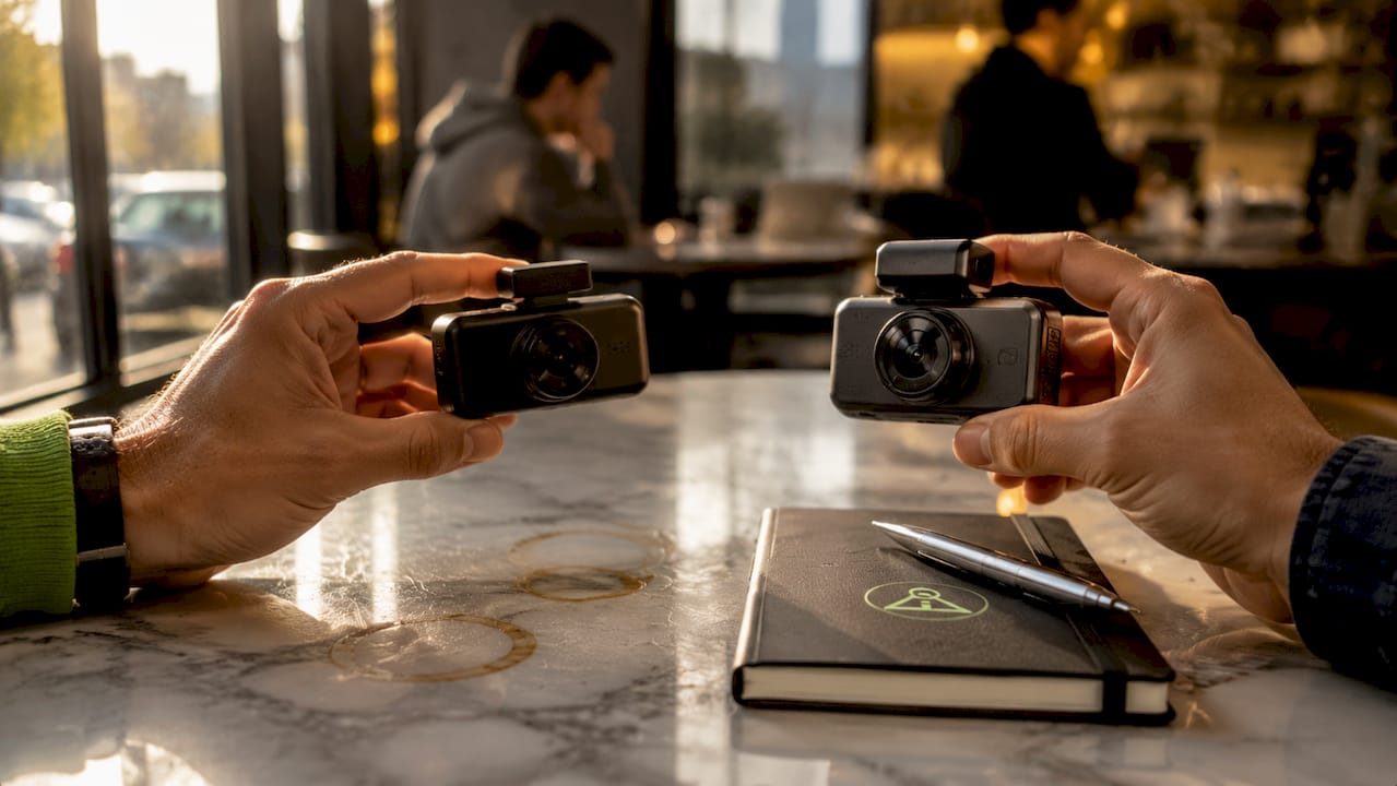 Hands holding 1080p and 4K dashcam models