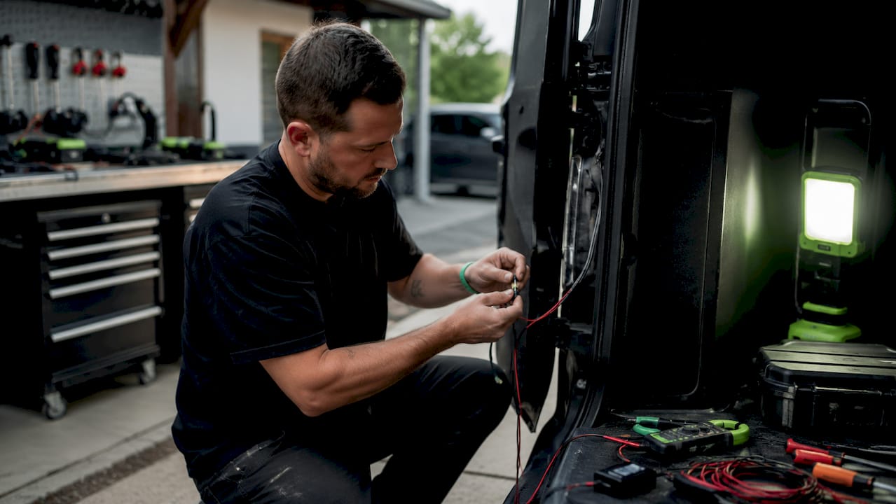 Hands wiring dashcam power kit with voltage cutoff