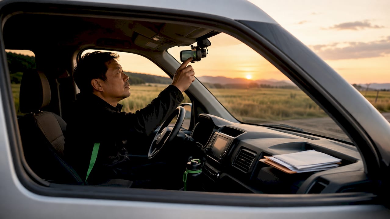 Driver adjusting dashcam loop recording settings