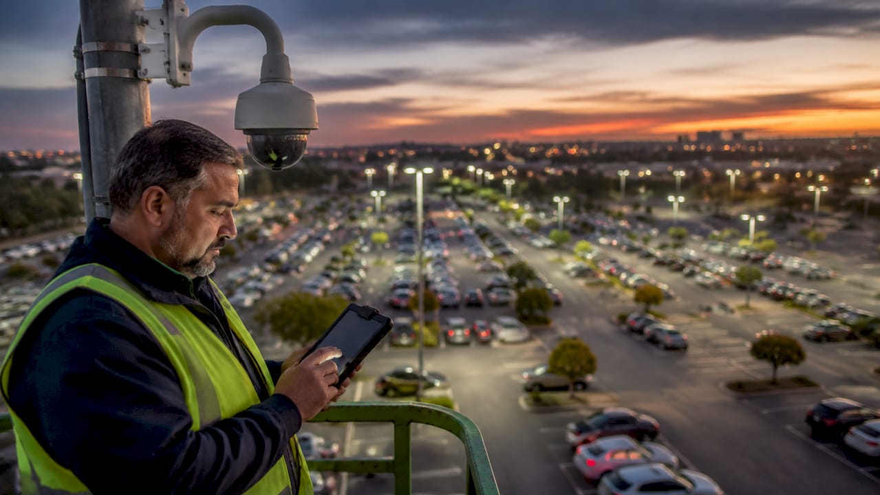 Technician configuring parking lot surveillance camera