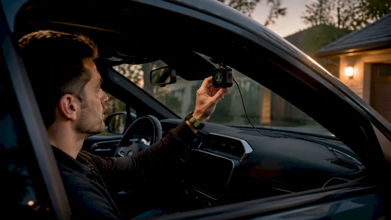 Hand installing dashcam near rearview mirror