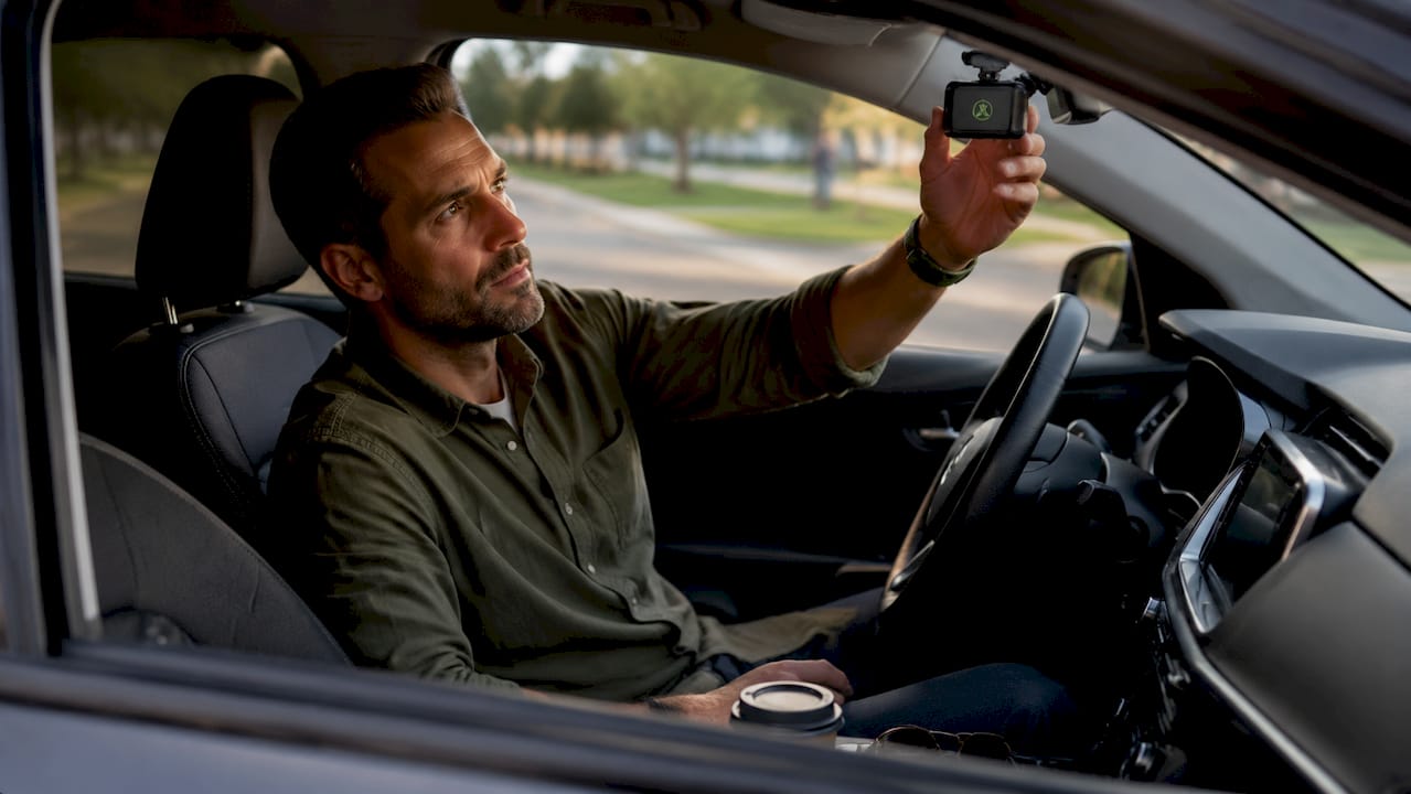 Driver checking dashcam mounted on windshield