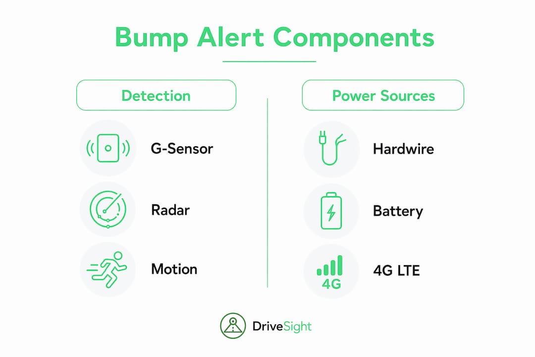 Infographic comparing dashcam bump alert components and power sources