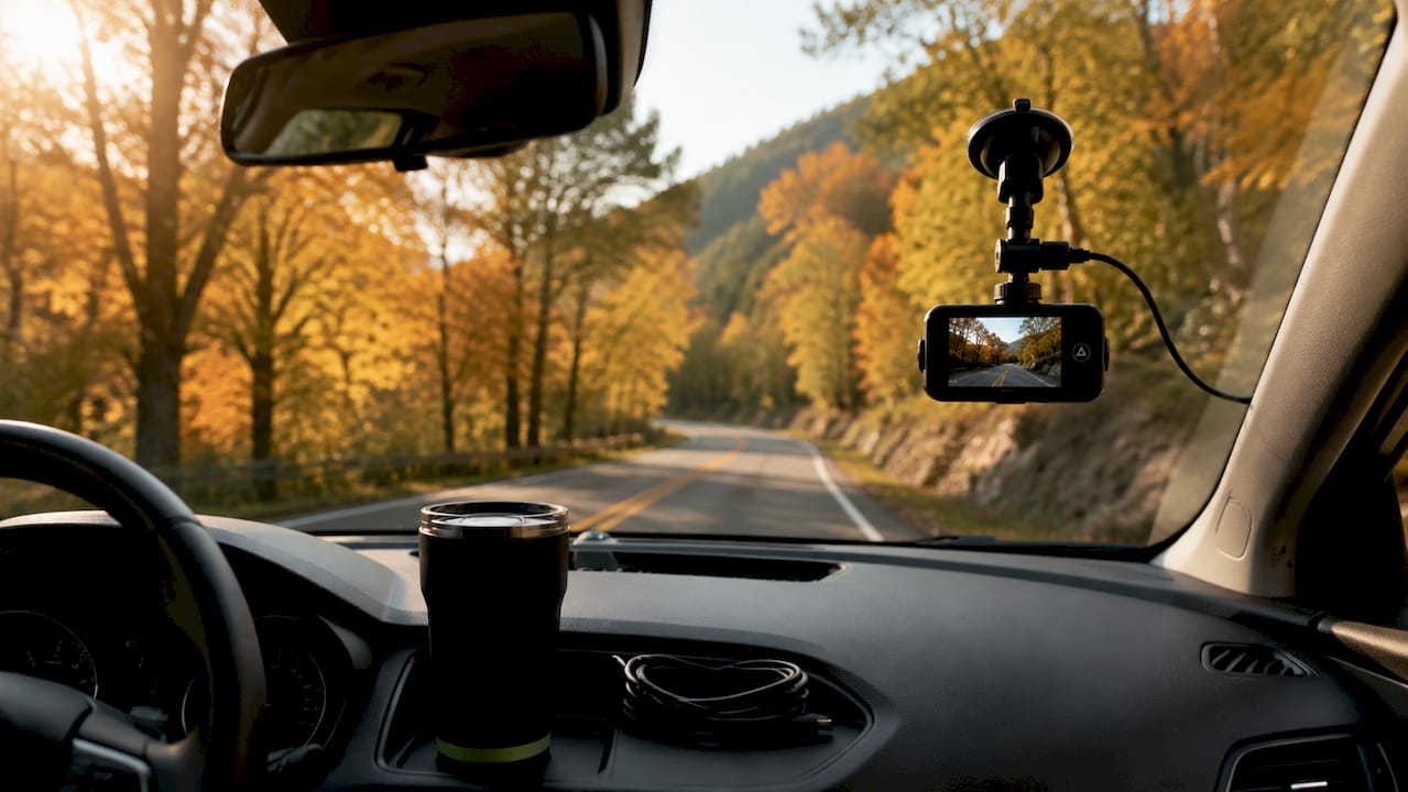 Close-up of dashcam device mounted windshield