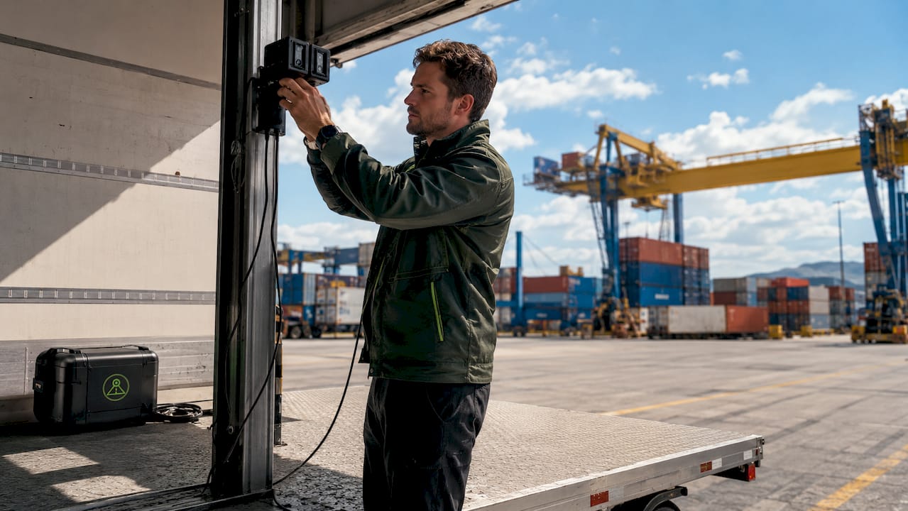 Technician calibrating dashcam on loading dock truck