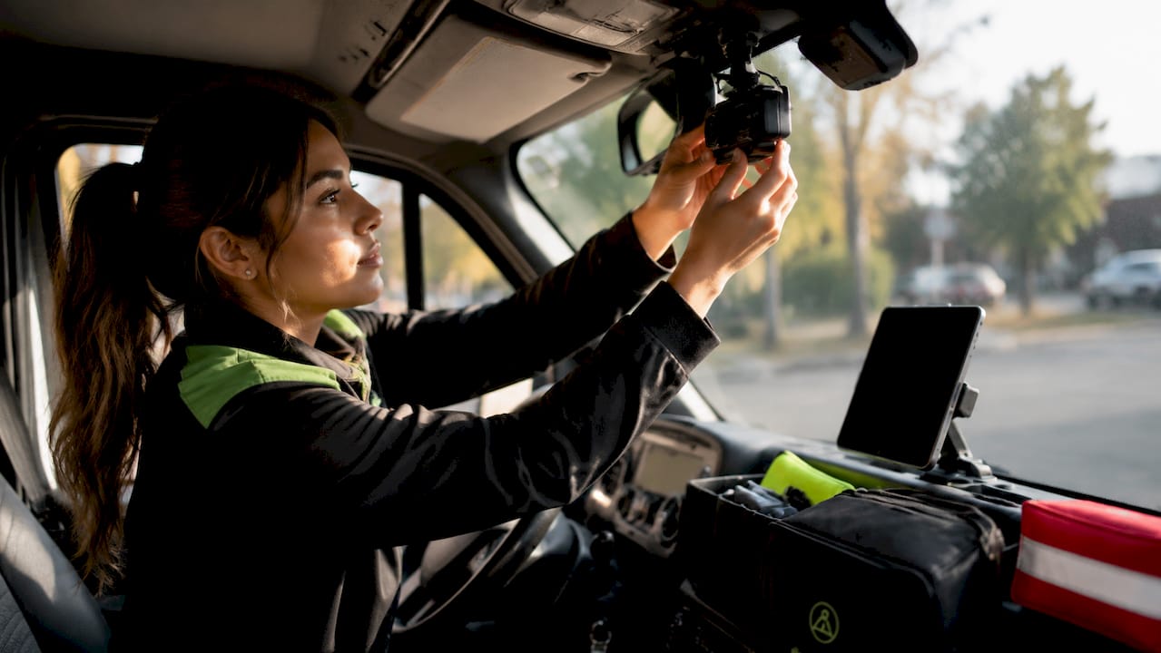 Driver adjusting dashcam inside van
