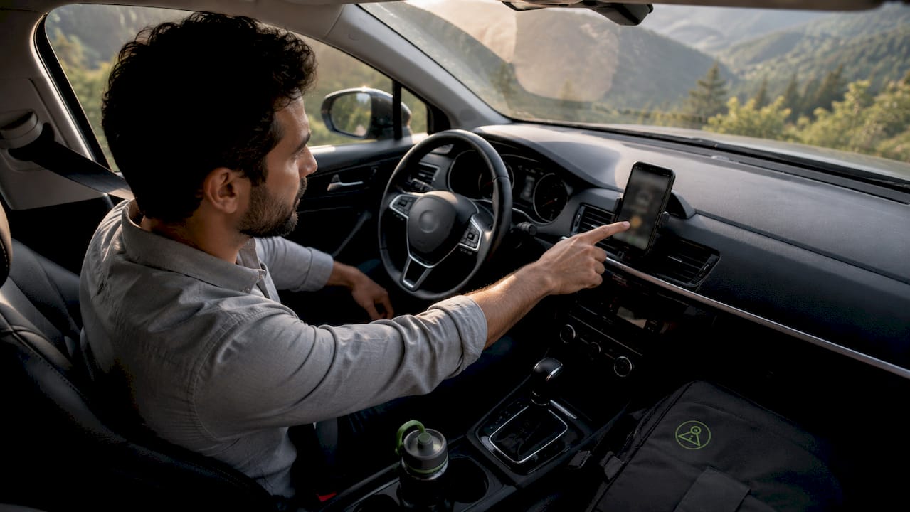 Driver using dashcam coaching app in car
