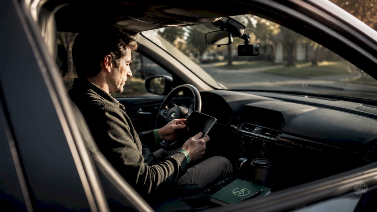 Person syncing dashcam footage using smartphone in car