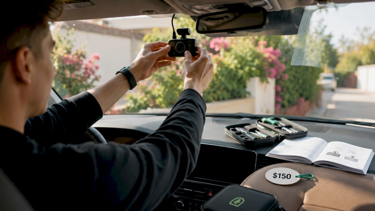 Hands installing dashcam in car windshield