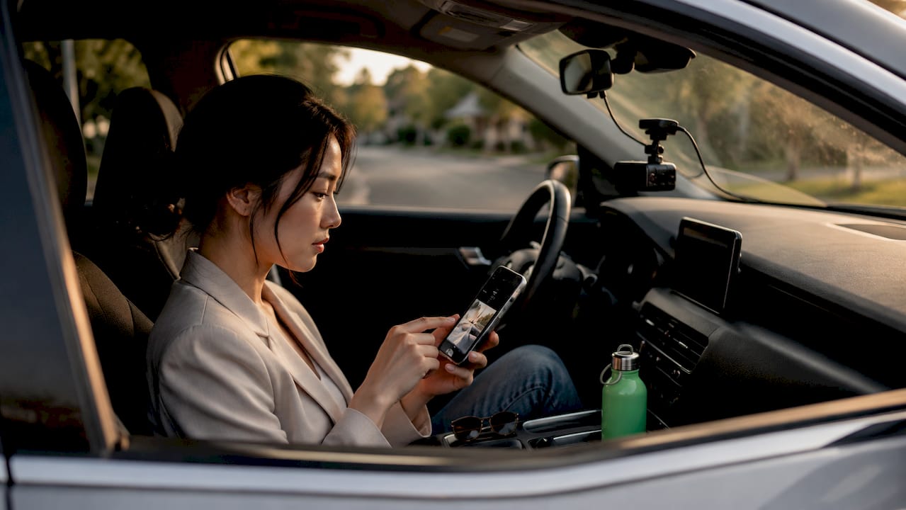 Commuter checking dashcam video on smartphone inside car