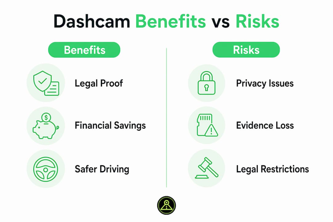 Infographic comparing dashcam benefits and risks