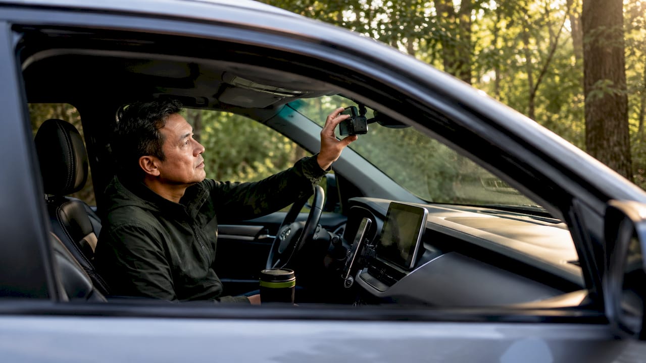 Man adjusting dashcam inside car