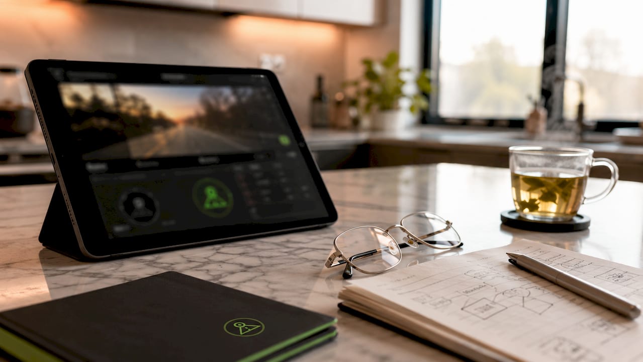 Dashcam app on smartphone on desk with glasses and notebook