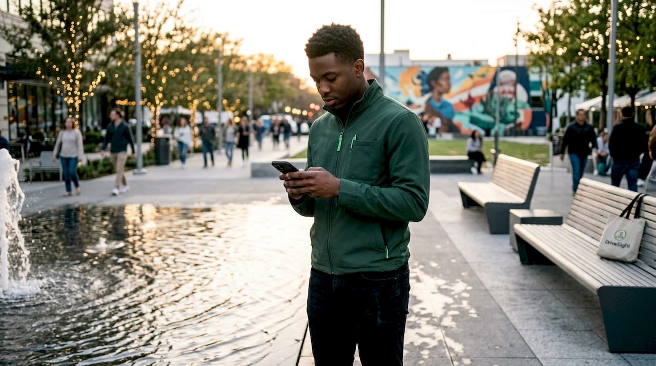 Man using vehicle viewing app outdoors on smartphone