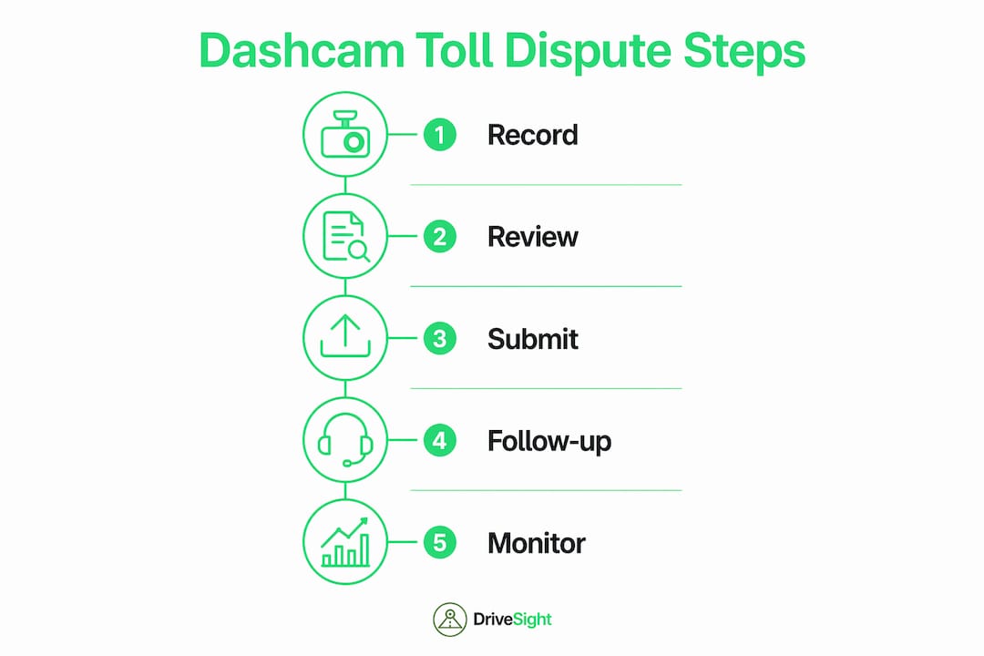 Infographic detailing steps to dispute toll violations with dashcam