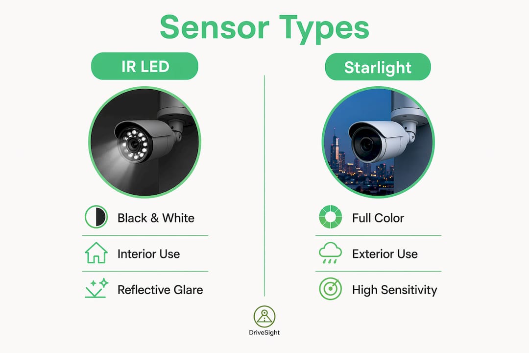 Infographic comparing IR LED and Starlight dashcam sensors