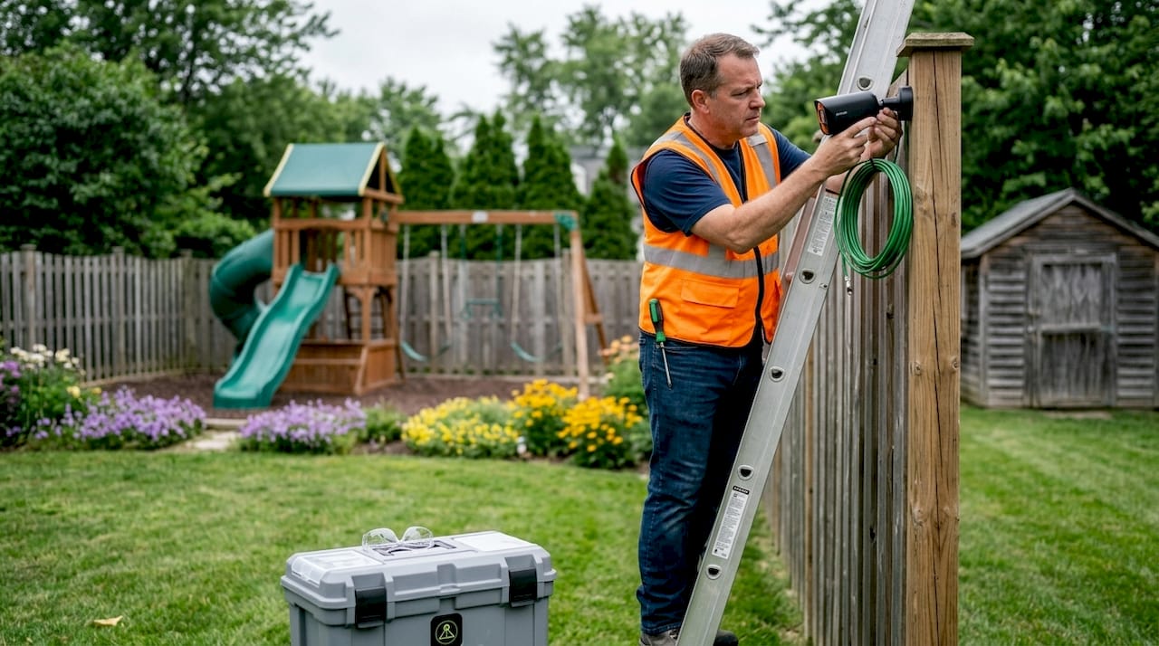 Technician adjusting fixed surveillance camera outdoors