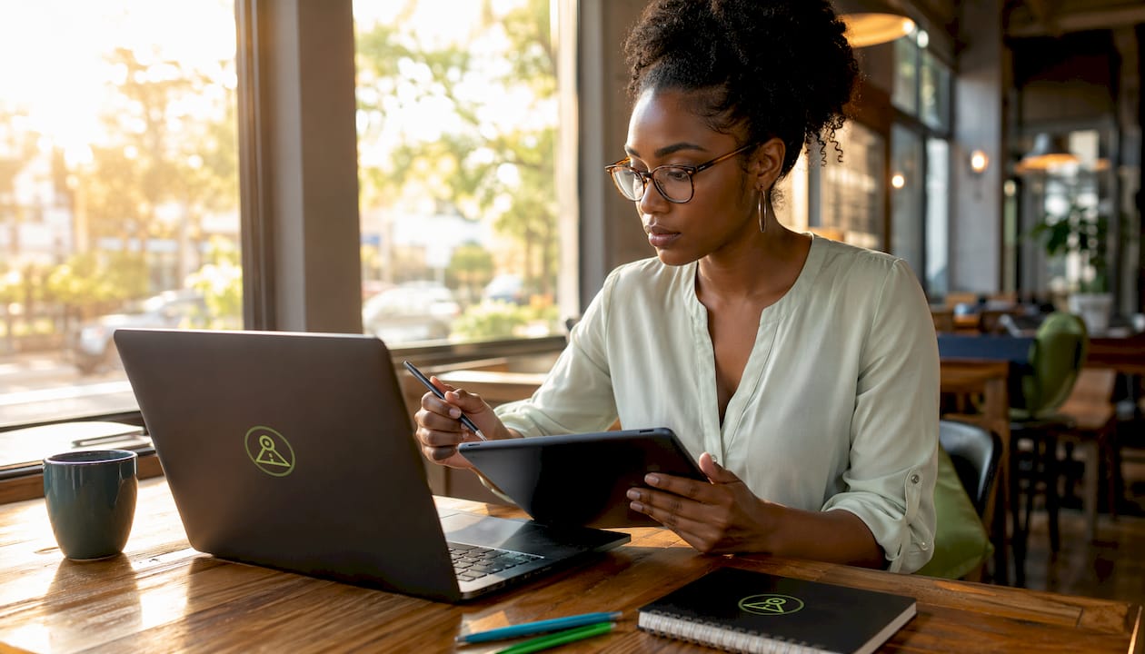 Woman reviewing dashcam footage at desk