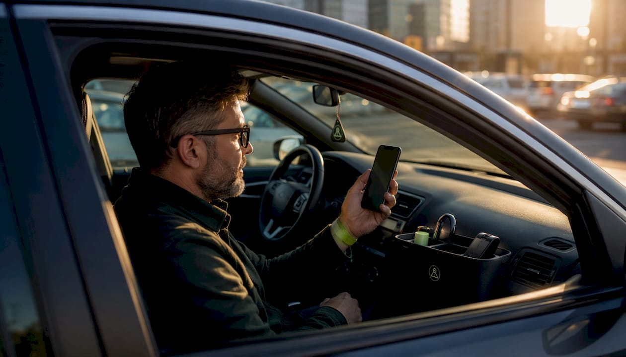 Driver checking speed camera app on phone inside car