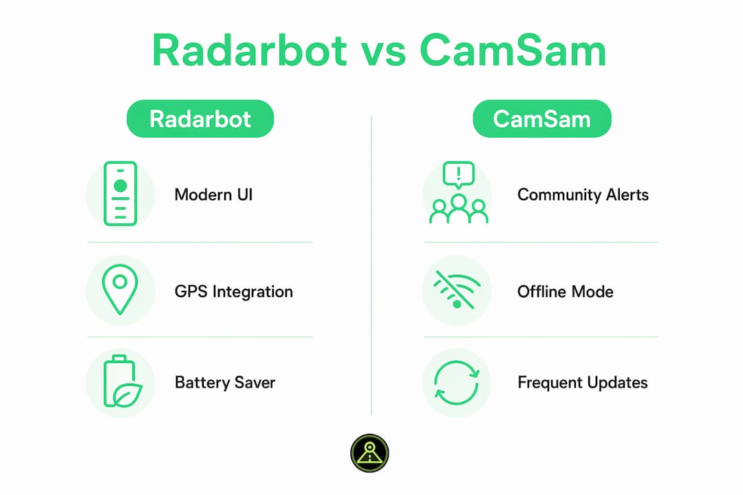 Infographic comparing Radarbot and CamSam features side by side