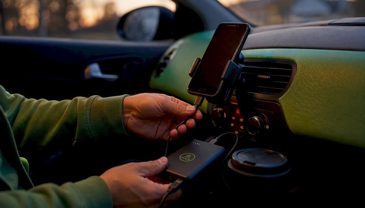 Hand plugging charger into phone dashcam
