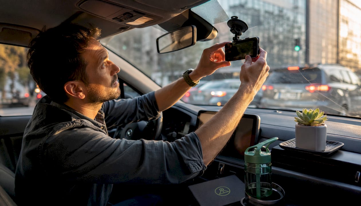 Man mounting phone dashcam inside car