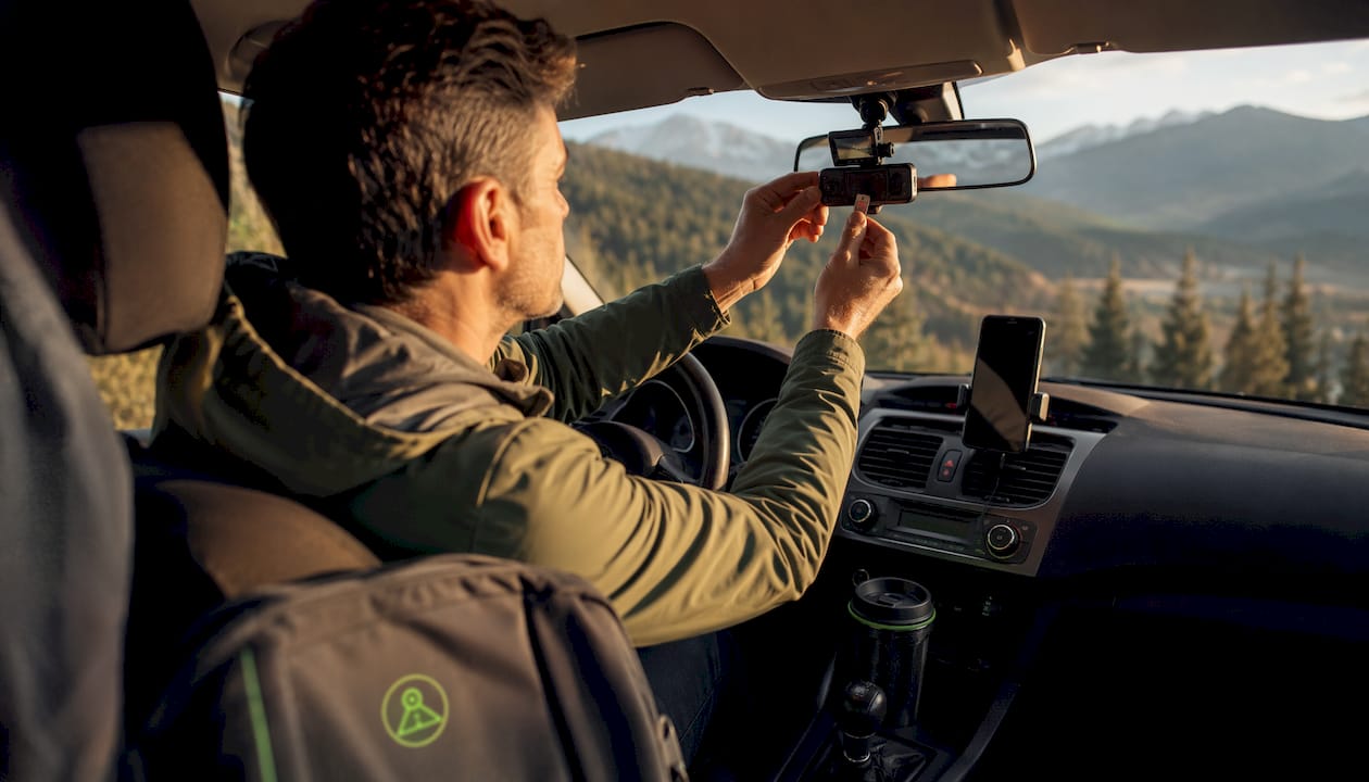 Man inserting microSD card into dashcam in car