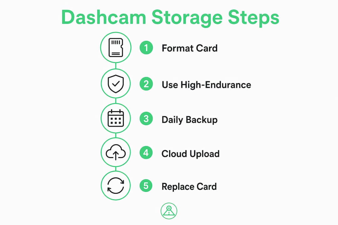 Infographic illustrating five steps for dashcam storage management
