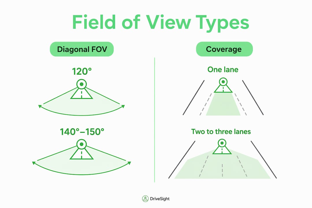 Infographic illustrating dashcam field of view types and coverage