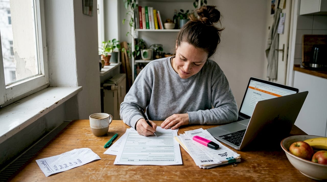 Eine Frau sitzt am Küchentisch und erledigt die Steuerunterlagen für ihren Minijob.