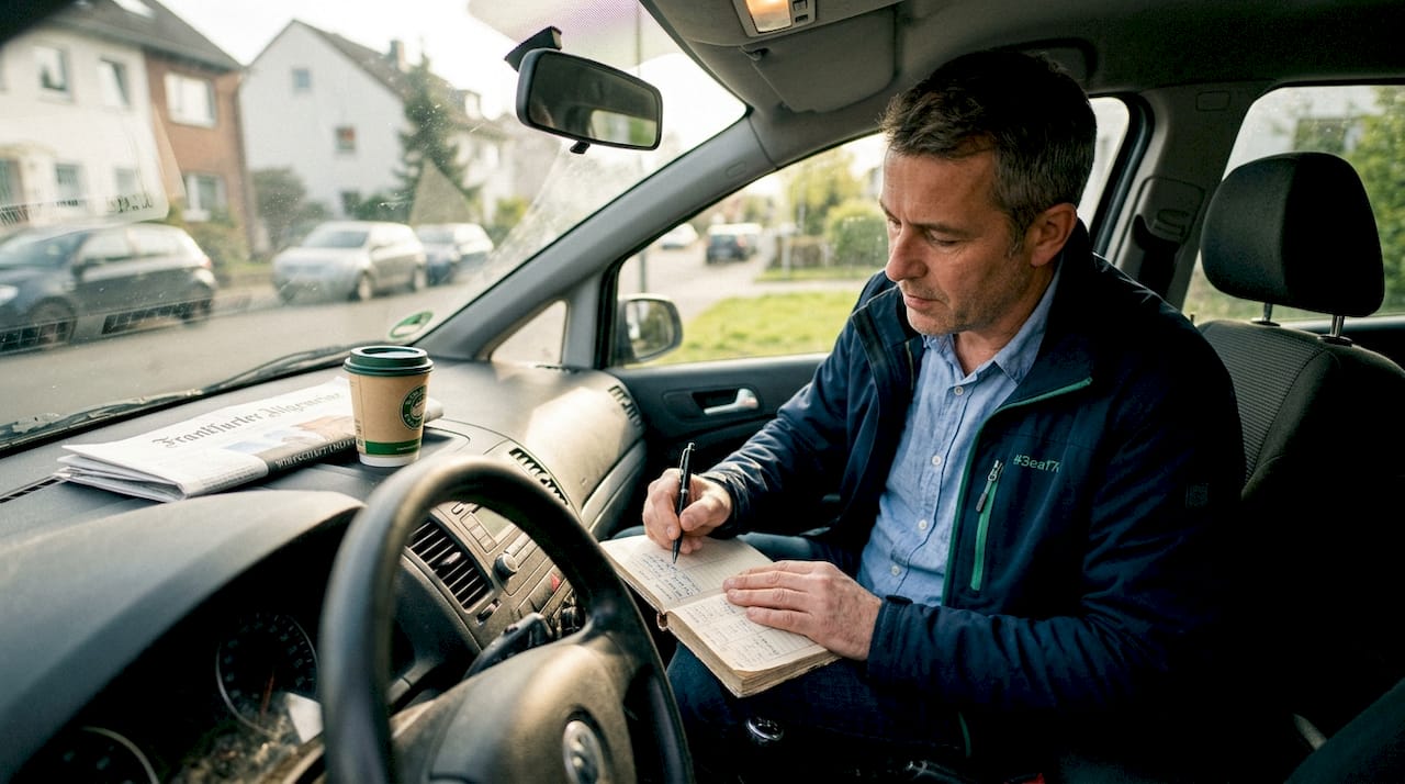 Ein Mann trägt die gefahrenen Kilometer seines Arbeitswegs ins Fahrtenbuch ein.